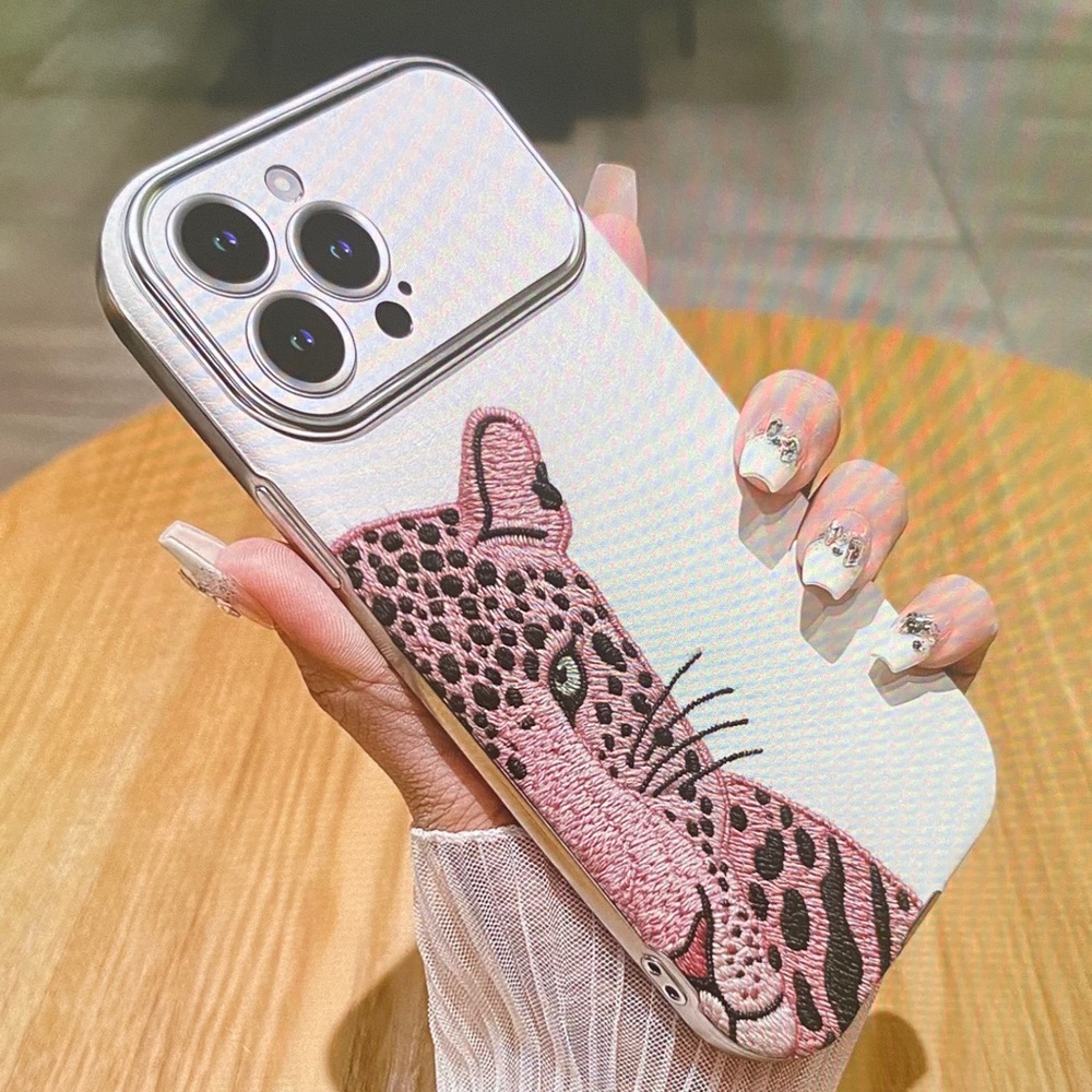 Pink Leopard Embroidered Camera-Frame Phone Case - White